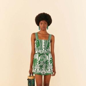 FARM Rio Green and White Leaf Print Romper